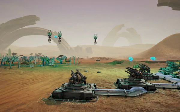 HD wallpaper of Aven Colony featuring futuristic vehicles and structures in a desert-like alien landscape.