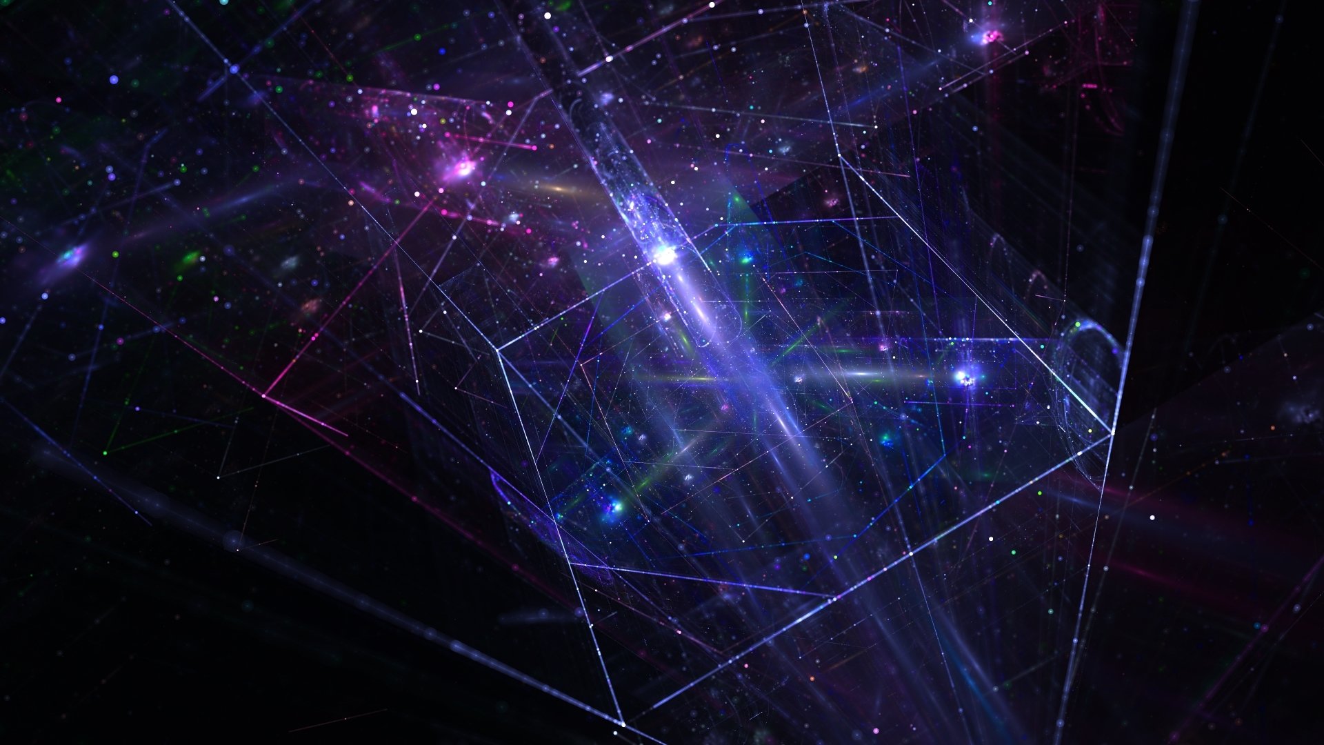 An abstract HD desktop wallpaper created using Apophysis software, featuring complex geometric lines and shapes with a radiant purple glow.