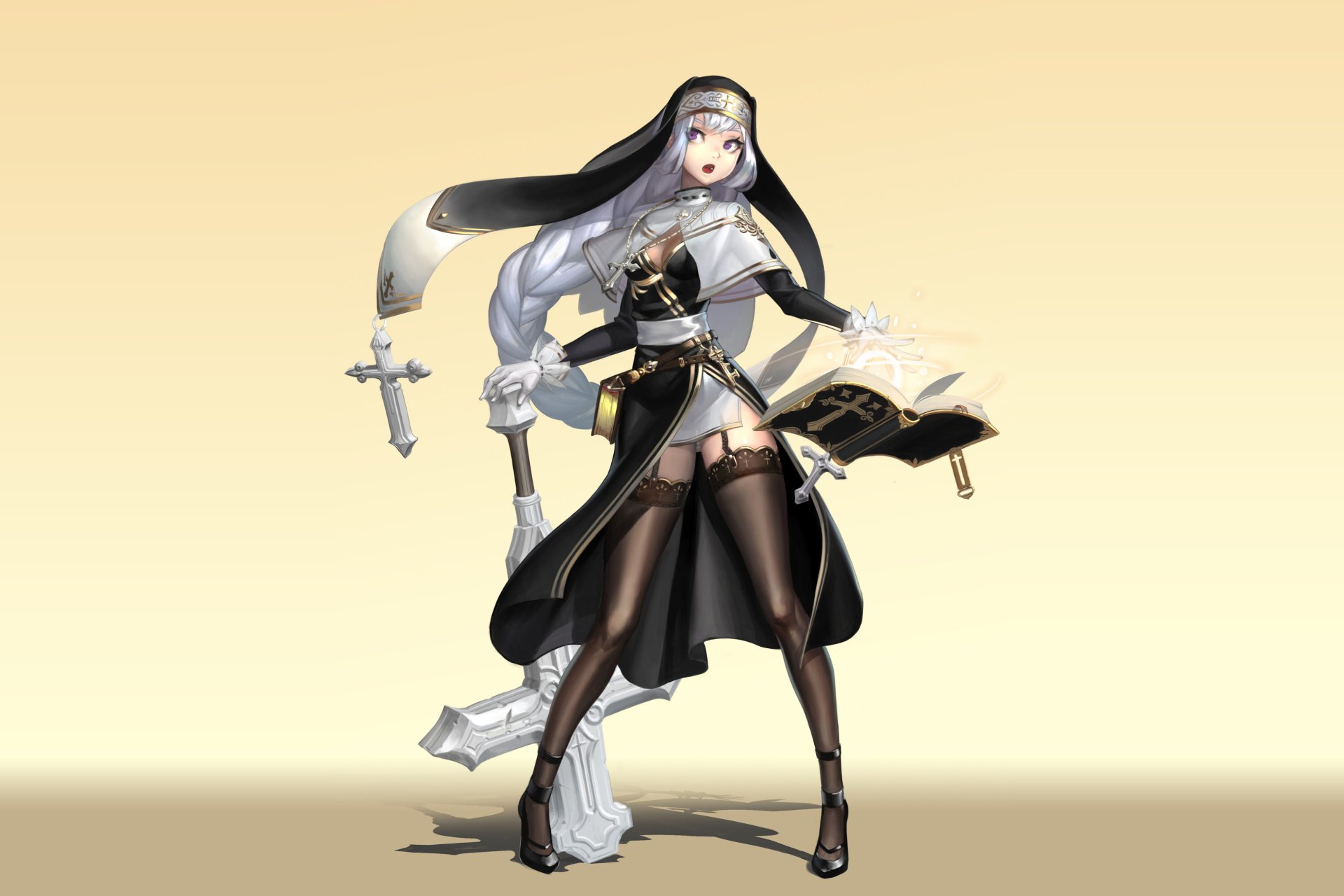 HD anime original artwork of a confident nun character in a dynamic pose, designed as a striking PC desktop wallpaper and background.