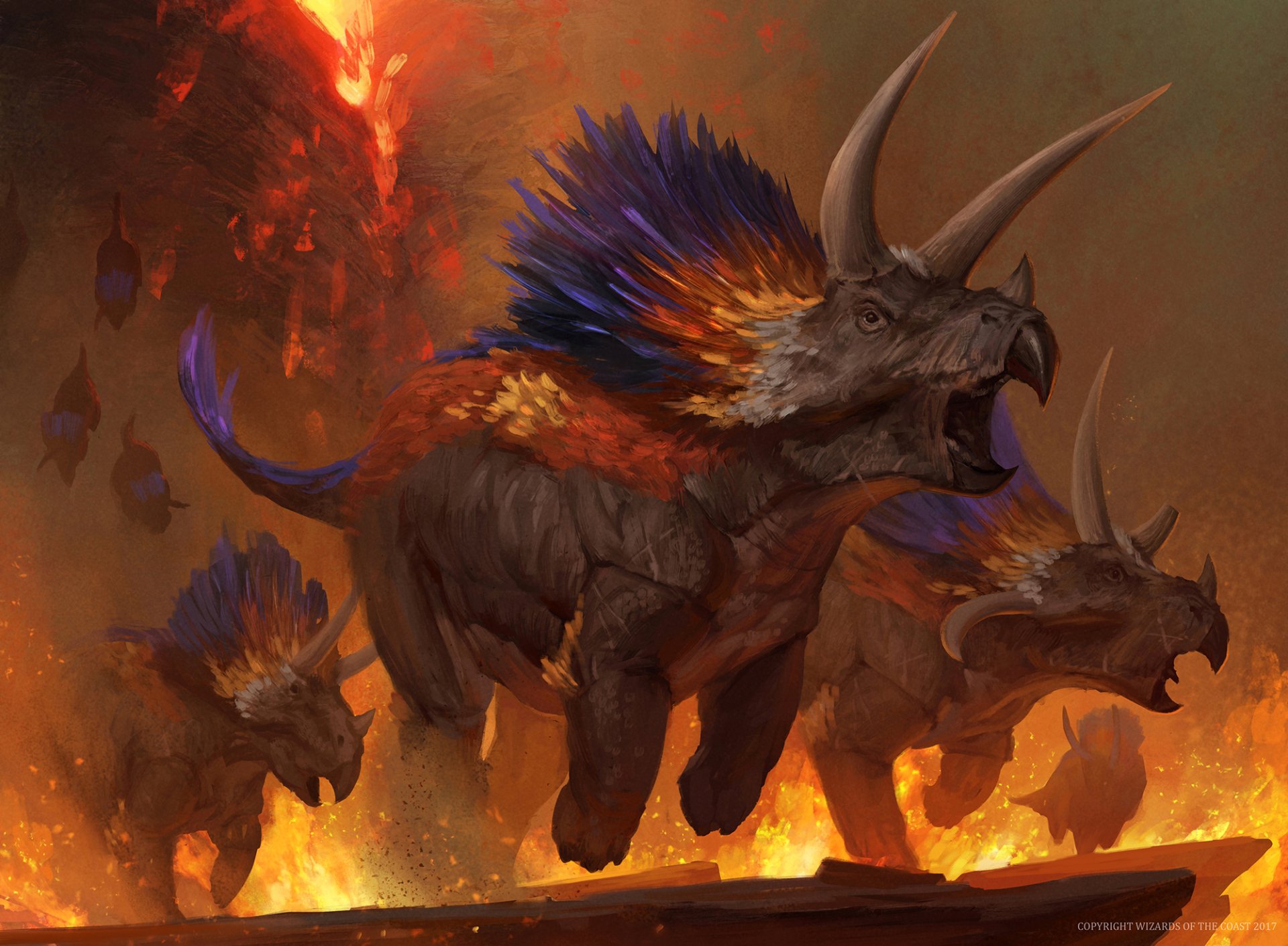HD desktop wallpaper featuring fiery, man-made triceratops dinosaurs from Magic: The Gathering, surrounded by flames in a dramatic, intense scene.