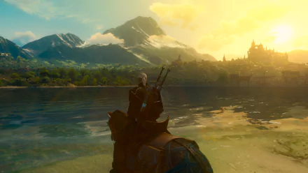 HD PC desktop wallpaper from the video game The Witcher 3: Wild Hunt, featuring a character on horseback overlooking a lake with mountains and a castle at sunset.