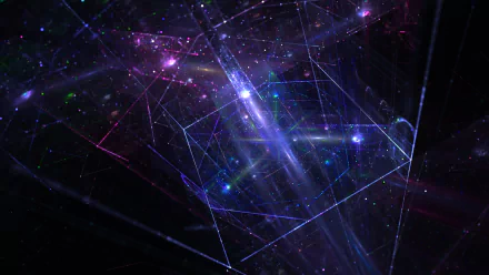 An abstract HD desktop wallpaper created using Apophysis software, featuring complex geometric lines and shapes with a radiant purple glow.