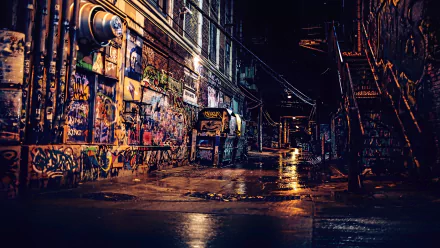 A vibrant urban alley at night featuring colorful graffiti art, captured in sharp 4K Ultra HD detail for a striking PC desktop wallpaper background.