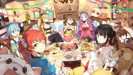 Anime-style Girl Cafe Gun characters gathered around a table with a birthday cake in a colorful, cozy room, featured as an HD PC desktop wallpaper and background.