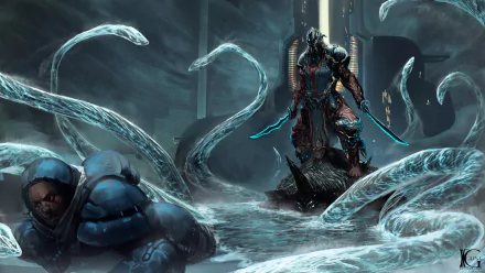 A Warframe warrior wielding dual swords stands amid swirling water and tentacles in a dark, atmospheric video game scene, captured in a detailed HD PC desktop wallpaper.