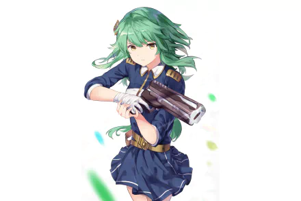 HD anime-style original artwork of a green-haired character in a navy uniform holding a shotgun, designed as a vibrant PC desktop wallpaper.
