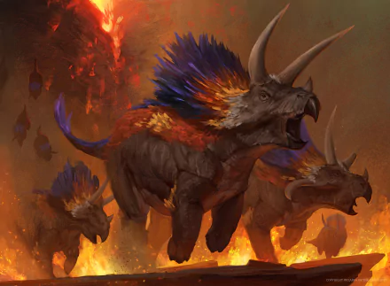 HD desktop wallpaper featuring fiery, man-made triceratops dinosaurs from Magic: The Gathering, surrounded by flames in a dramatic, intense scene.
