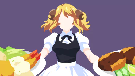 Minimalist HD anime wallpaper of Aletta from Isekai Shokudou (Restaurant to Another World), featuring vibrant colors and stylized food elements for PC desktop background.