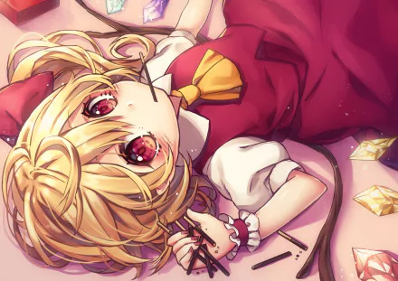 HD anime desktop wallpaper featuring Flandre Scarlet from Touhou with vibrant red eyes, blonde hair, and a detailed red and white outfit.