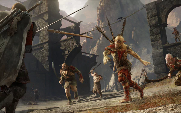 Video game 4K Ultra HD PC desktop wallpaper — Middle-earth: Shadow of War: orcs charge through a ruined fortress as archers fire beneath crumbling stone arches.