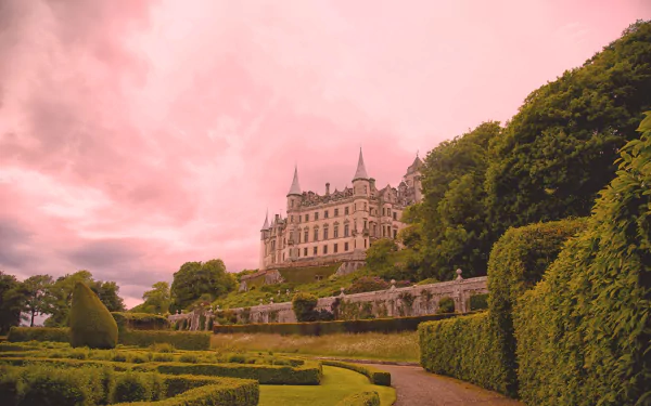 Wide HD desktop wallpaper of man-made Dunrobin Castle in Scotland rising above formal manicured terraced gardens and hedgerows under a dramatic pink sky.