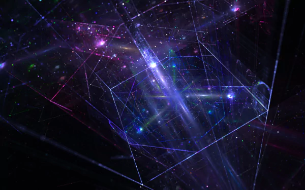 An abstract HD desktop wallpaper created using Apophysis software, featuring complex geometric lines and shapes with a radiant purple glow.