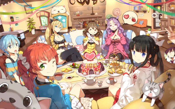 Anime-style Girl Cafe Gun characters gathered around a table with a birthday cake in a colorful, cozy room, featured as an HD PC desktop wallpaper and background.