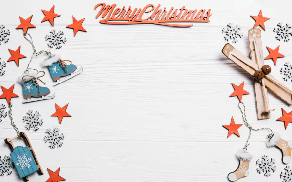 Merry Christmas 4K Ultra HD desktop wallpaper featuring festive ice skates, sleds, snowflakes, and red stars on a white wooden background.