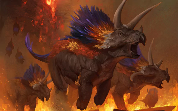 HD desktop wallpaper featuring fiery, man-made triceratops dinosaurs from Magic: The Gathering, surrounded by flames in a dramatic, intense scene.