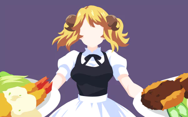 Minimalist HD anime wallpaper of Aletta from Isekai Shokudou (Restaurant to Another World), featuring vibrant colors and stylized food elements for PC desktop background.