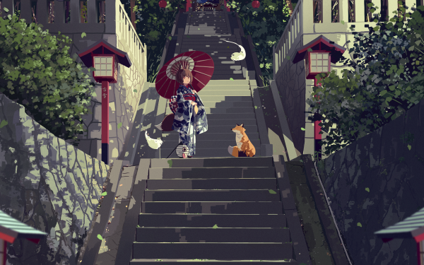 Anime Stairs Fox Animal Ears Kimono Brown Hair Short Hair Oriental Umbrella Torii Orange Eyes Spirit HD Wallpaper | Background Image