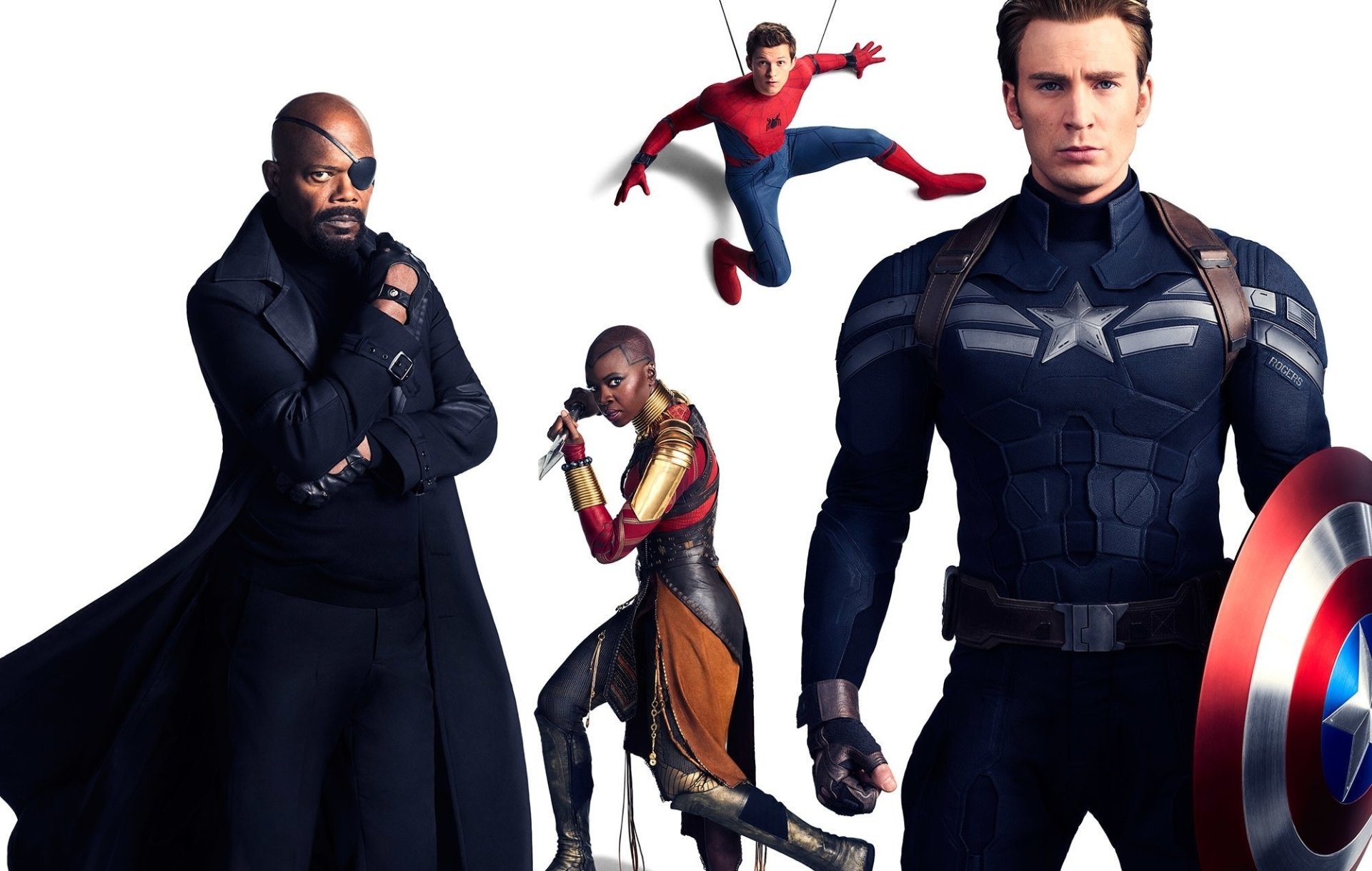 HD desktop wallpaper featuring Nick Fury, Okoye, Spider-Man, and Captain America from Marvel's Avengers: Infinity War.