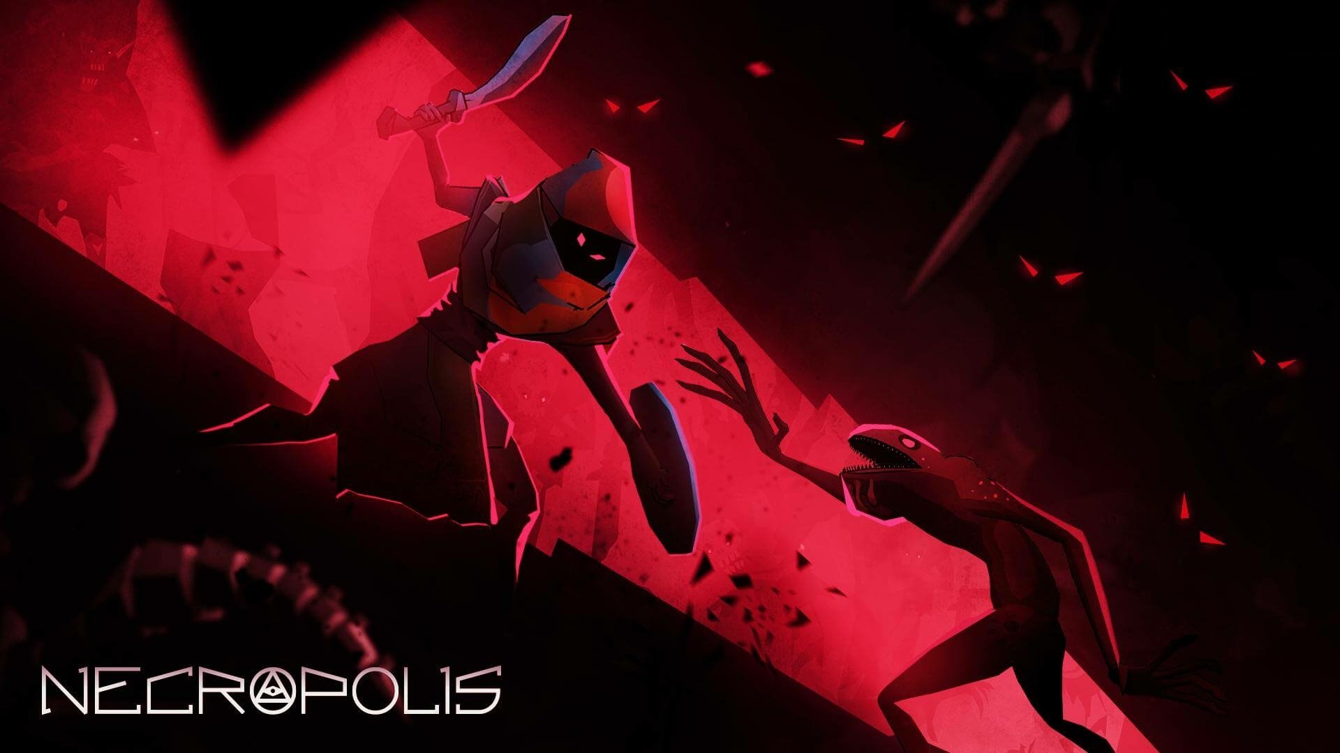HD desktop wallpaper depicting a stylized scene from the game Necropolis with a shadowy figure wielding a sword in a red-hued environment.