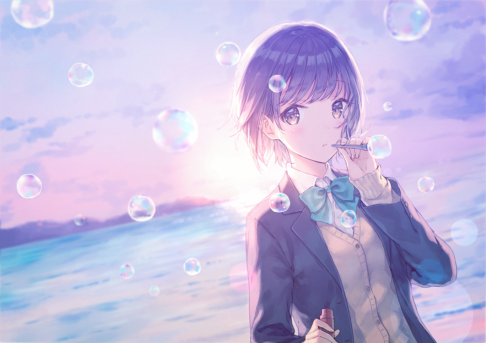 HD desktop wallpaper and background featuring an original anime character standing by the sea at sunset, surrounded by bubbles.