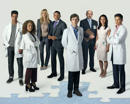 HD wallpaper of 'The Good Doctor' featuring cast members in a professional group pose for a background.