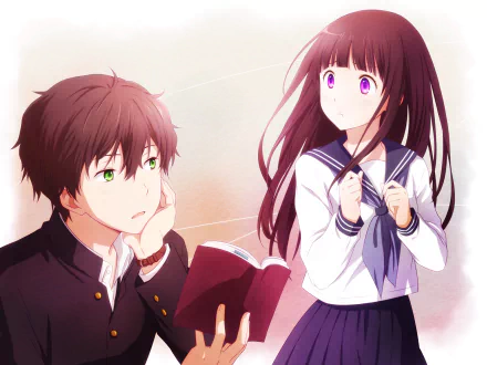 HD desktop wallpaper featuring Hōtarō Oreki and Eru Chitanda from the anime Hyouka. Hōtarō is holding a book, looking thoughtful, while Eru stands beside him with a curious expression.
