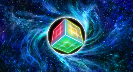 Abstract HD desktop wallpaper featuring a glowing Rubik’s Cube at the center of a swirling black hole in deep space.