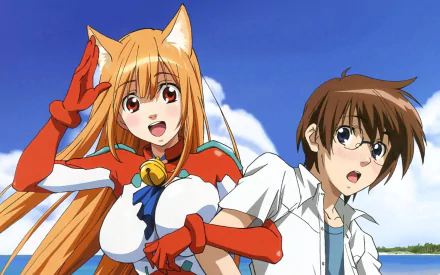 HD PC desktop wallpaper from the anime Asobi ni Iku yo! featuring a cheerful girl with fox ears and a surprised boy against a bright blue sky and ocean backdrop.