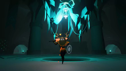 HD desktop wallpaper of a stylized necropolis with a central glowing figure wielding a shield.