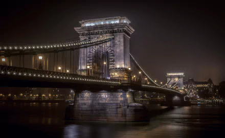 Night view of Budapest’s Chain Bridge in Hungary, illuminated and reflecting on the Danube River, captured in HD for a stunning desktop wallpaper.