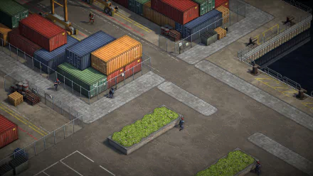 HD desktop wallpaper from Xenonauts 2 featuring a detailed isometric view of a maritime dockyard with colorful containers and industrial equipment.