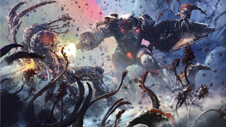 HD wallpaper featuring a dynamic sci-fi battle scene from the video game Halo Wars 2. An armored soldier bravely fights off alien creatures amidst a chaotic, colorful background.