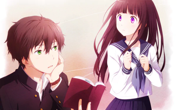 HD desktop wallpaper featuring Hōtarō Oreki and Eru Chitanda from the anime Hyouka. Hōtarō is holding a book, looking thoughtful, while Eru stands beside him with a curious expression.