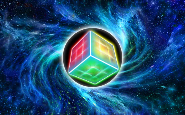 Abstract HD desktop wallpaper featuring a glowing Rubik’s Cube at the center of a swirling black hole in deep space.