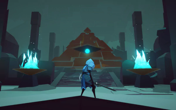 HD wallpaper of a stylized necropolis with a figure standing before a pyramid and ethereal blue flames.