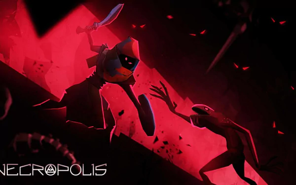 HD desktop wallpaper depicting a stylized scene from the game Necropolis with a shadowy figure wielding a sword in a red-hued environment.