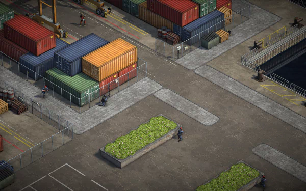 HD desktop wallpaper from Xenonauts 2 featuring a detailed isometric view of a maritime dockyard with colorful containers and industrial equipment.