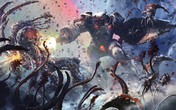 HD wallpaper featuring a dynamic sci-fi battle scene from the video game Halo Wars 2. An armored soldier bravely fights off alien creatures amidst a chaotic, colorful background.