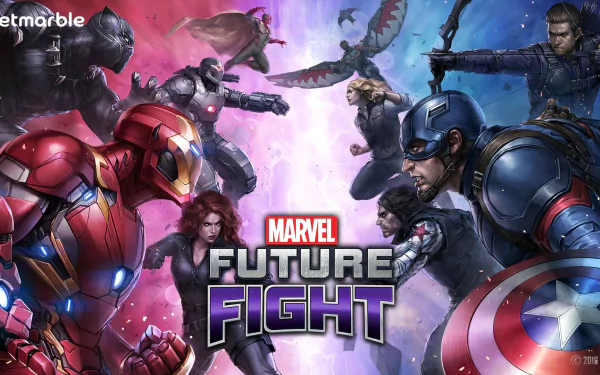 HD wallpaper of Marvel: Future Fight featuring Captain America, Winter Soldier, Black Panther, Vision, Iron Man, War Machine, Falcon, and Hawkeye in dynamic poses.