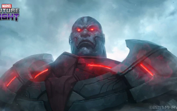 HD desktop wallpaper from Marvel: Future Fight featuring the character Apocalypse with glowing red eyes and accents.