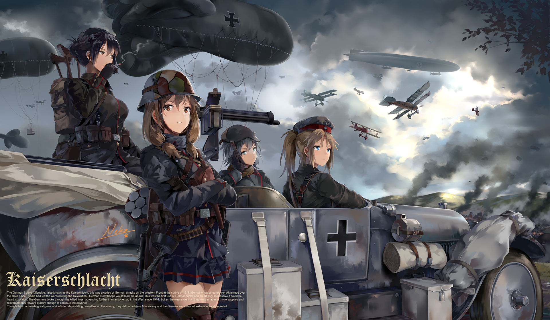 Anime-style HD PC wallpaper depicting a dramatic aerial battle with a blimp, biplanes, and four armed female soldiers around a tank under a stormy sky.