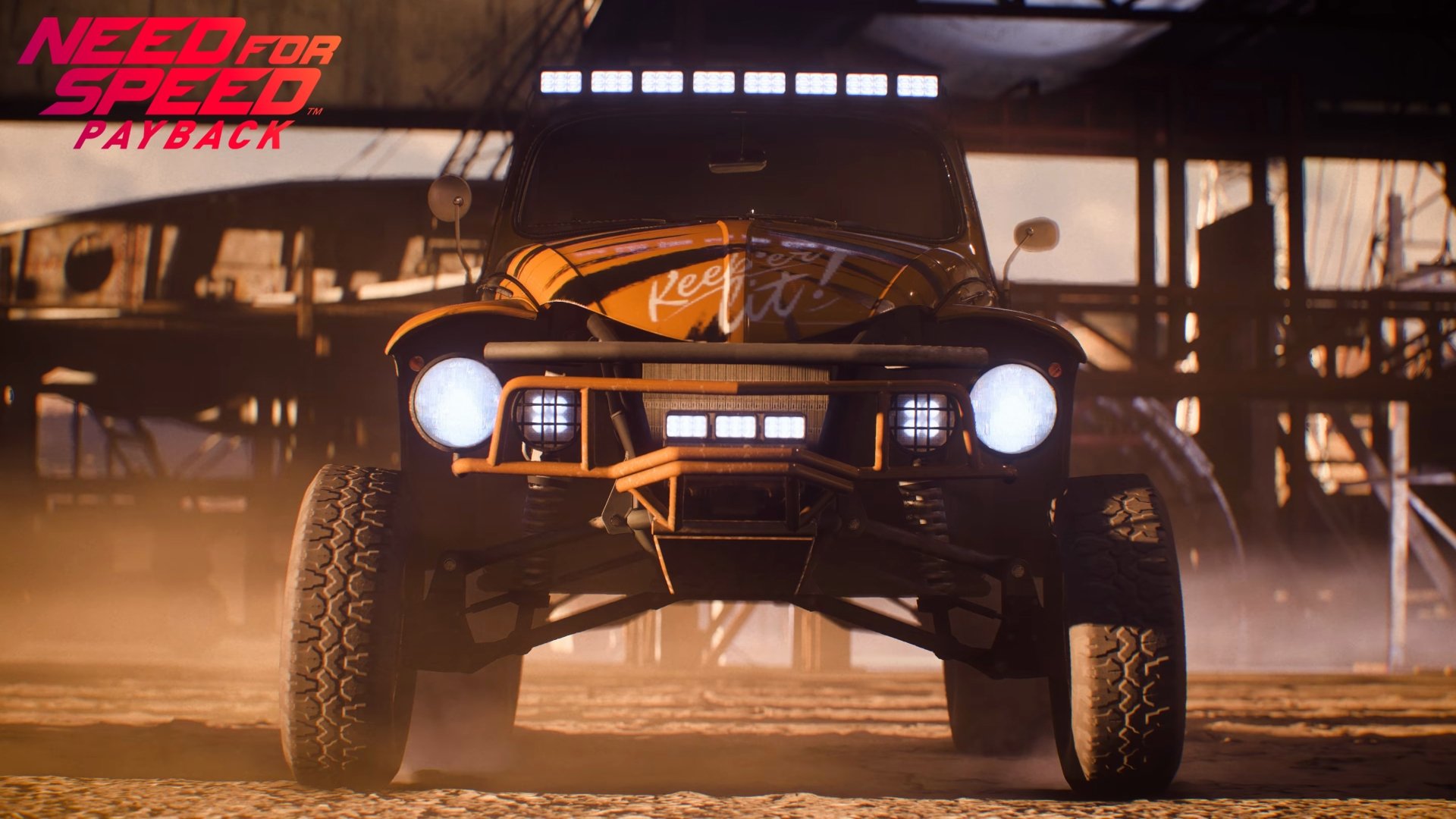 4K Ultra HD wallpaper featuring an off-road Volkswagen Beetle from Need for Speed Payback, showcasing rugged design and intense lighting in a video game setting.