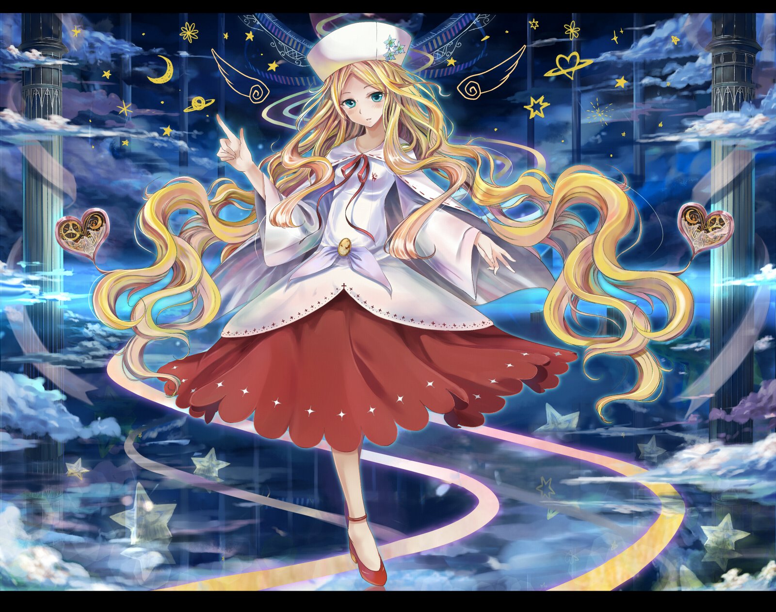 HD PC desktop wallpaper featuring Catlin from the video game Pokémon: Black and White, showcasing her with flowing golden hair against a mystical night sky backdrop.