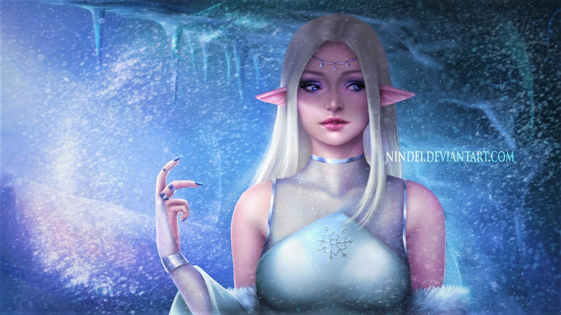 HD PC desktop wallpaper of a blonde, blue‑eyed winter elf/fairy in a snowy fantasy grotto, wearing an icy crown and pale gown, bathed in soft blue light.