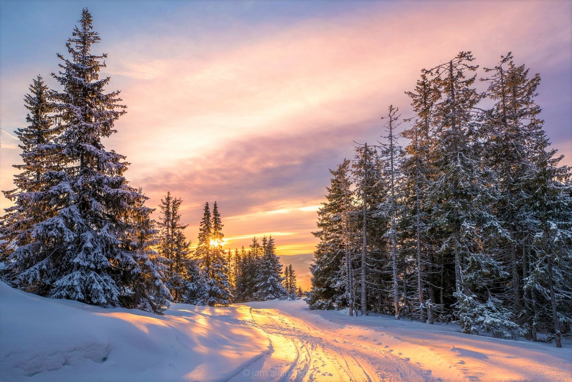 Download Sunset Forest Snow Road Nature Winter HD Wallpaper by Jørn ...