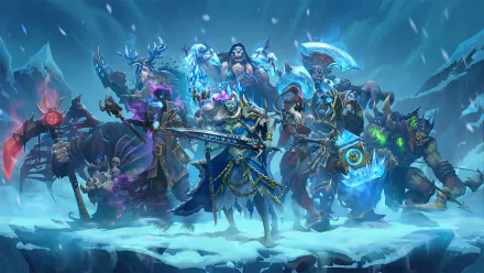 HD Hearthstone: Heroes of Warcraft desktop wallpaper featuring various game characters ready for battle in a snowy setting.