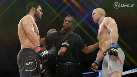 HD wallpaper of EA Sports UFC 3 featuring two fighters facing off inside the octagon with a referee between them.
