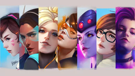 HD desktop wallpaper featuring close-up, stylized portraits of Overwatch characters: D.Va, Symmetra, Mercy, Tracer, Widowmaker, Mei, and Zarya.
