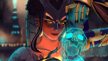 Symmetra from Overwatch showcased in a vibrant 4K Ultra HD video game wallpaper, highlighting her intricate design and glowing holographic skull.