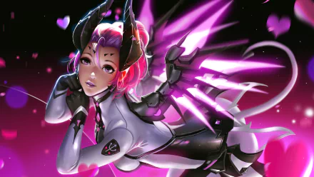HD desktop wallpaper featuring Mercy from the video game Overwatch. The character is adorned in a detailed and vibrant outfit with a striking pink and black color scheme, set against a background filled with hearts.